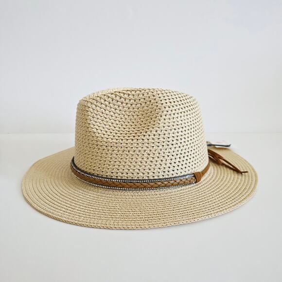Boho Western Straw Sun Hat with Rhinestones Braided Faux Leather & Bow Accent - Picture 8 of 9
